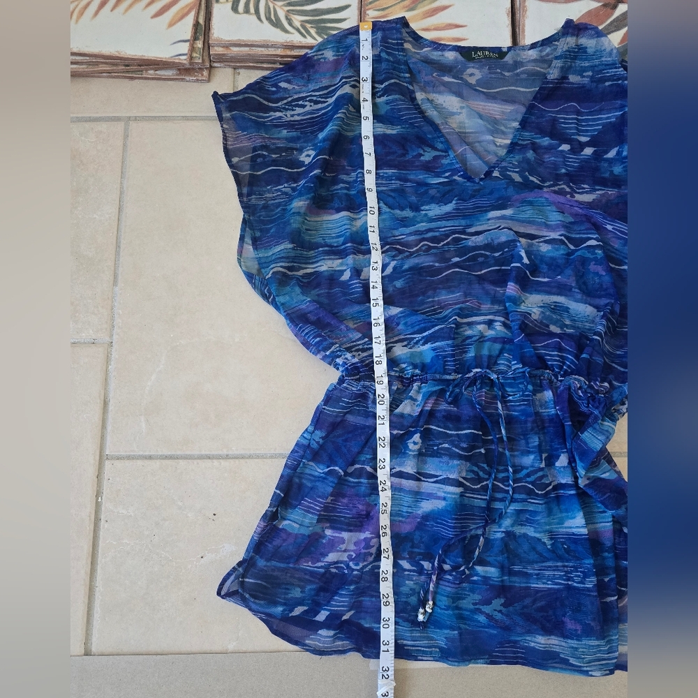 LAUREN RALPH LAUREN Calypso Ikat Blue Print Semi Sheer Swim CoverUp Mini Dress M - Picture 6 of 9